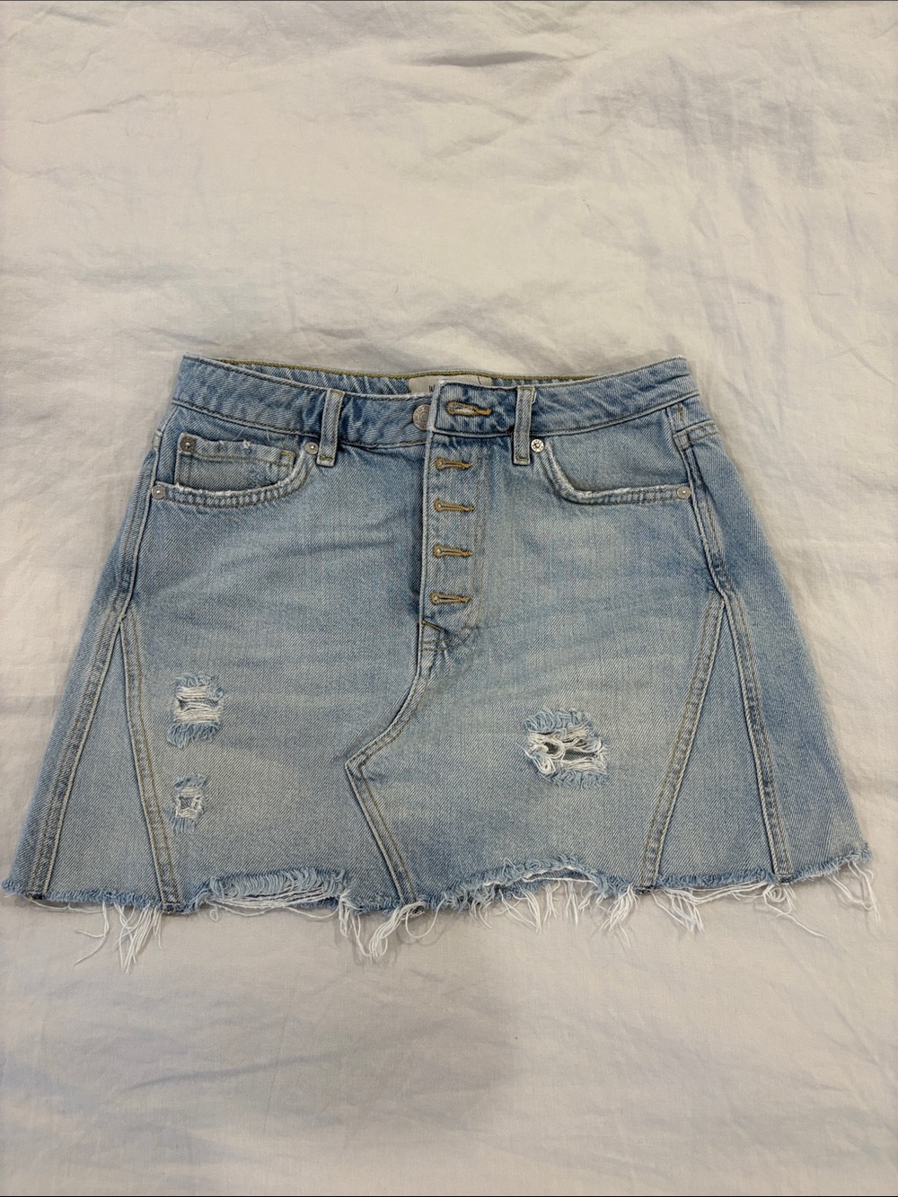 Free People | Light Blue Distressed Denim Skirt, 27